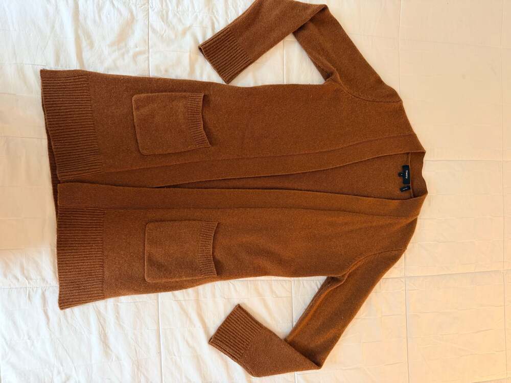 Theory Long Open Front Cardigan Brown Knit Sweater Quiet Luxury Minimalist - Picture 2 of 6